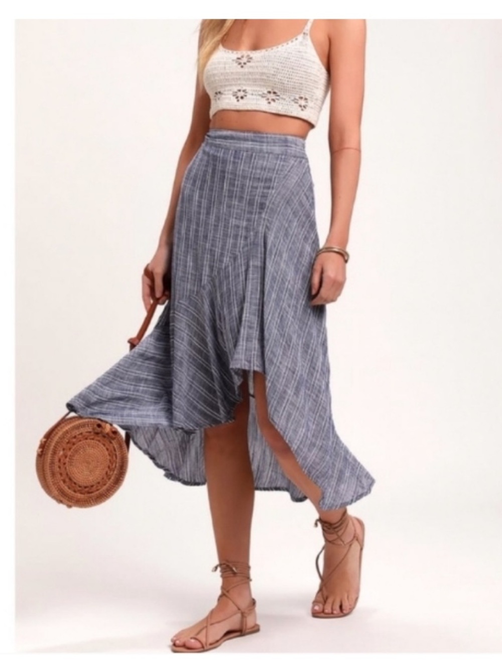 Lulus By the Bay Ruffled Midi Skirt Blue and White Striped Asymmetric Sz M